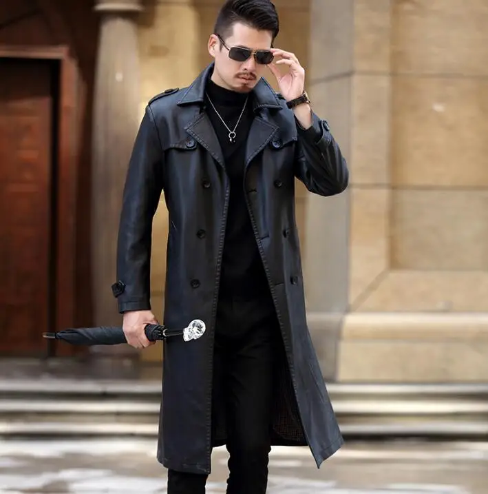 Winter slim motorcycle long leather coats men casual double breasted coat mens leather trench coats lapel black fashion M - 3XL