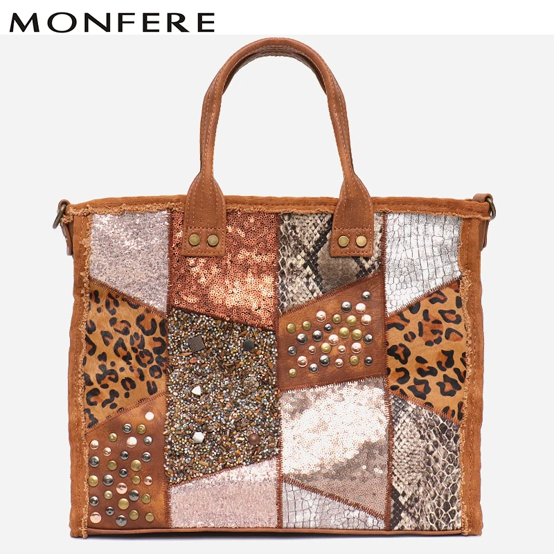

MONFERE Large Women Handmade Patchwork Tote Shoulder Bags for Girl Design Unique Special Boho Rivet Style Female Messenger Bags