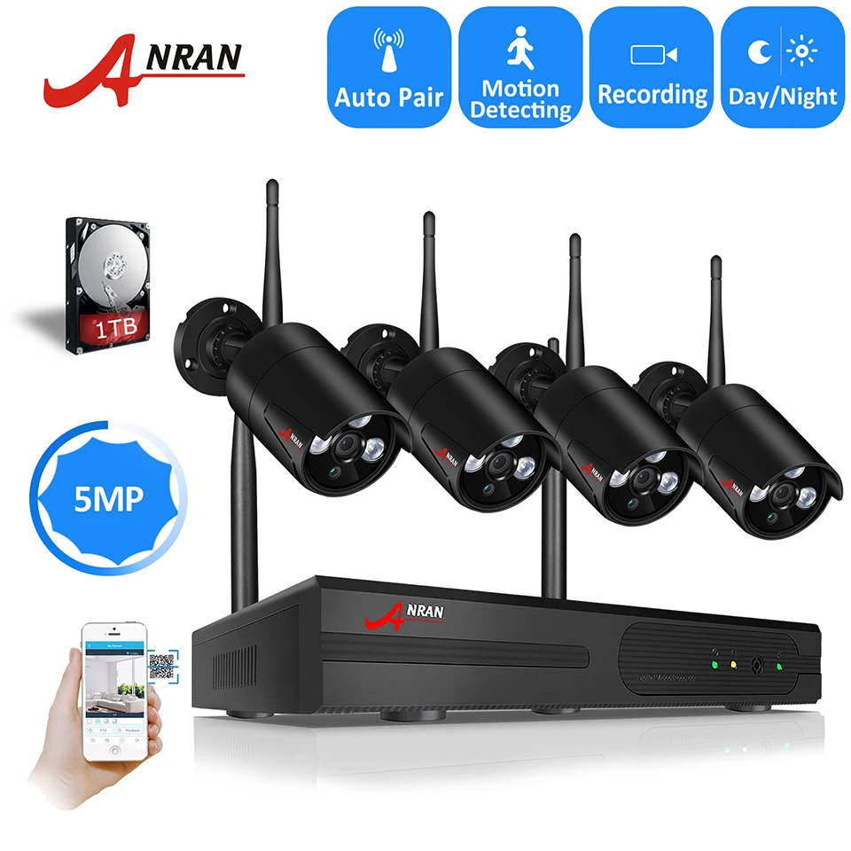 ANRAN 4CH wifi 5MP NVR комплект HD H.265 P2P камера безопасности системы 4 шт. 5MP Крытый Открытый Всепогодный ИК ночного видеонаблюдения камера системы