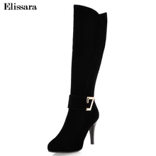 Elissara/женские зимние сапоги, женские сапоги до колена на высоком каблуке, женские рыцарские сапоги до бедра на молнии с острым носком, обувь размера плюс 33-43