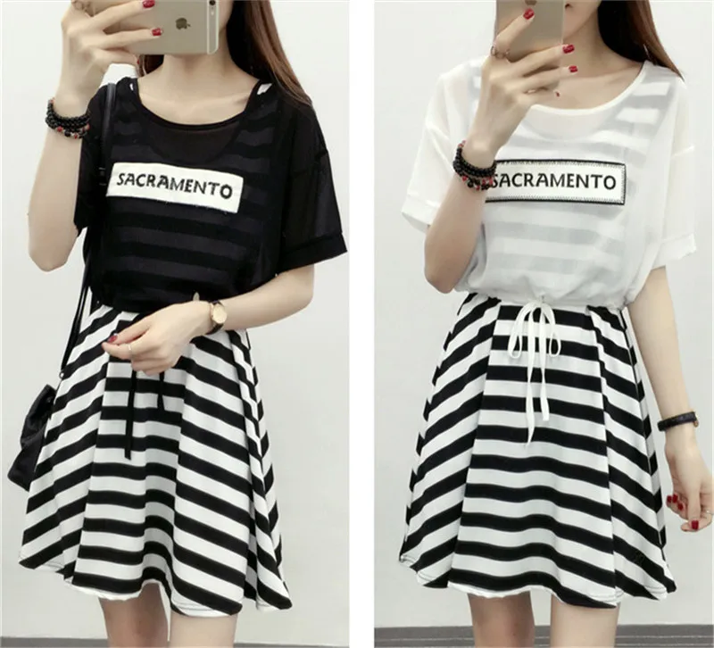 Fashion 2 Pieces Dress 2019 Women Striped Summer School Dress With Cappa Casual Dresses Teenage Girl Clothes Vestidos De Fiesta (1)