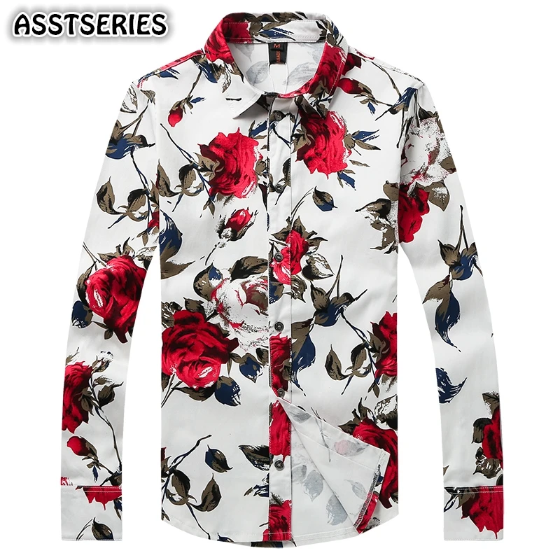 Autumn Spring Men Shirt Long Sleeve Printed Flower&floral Casual Shirt
