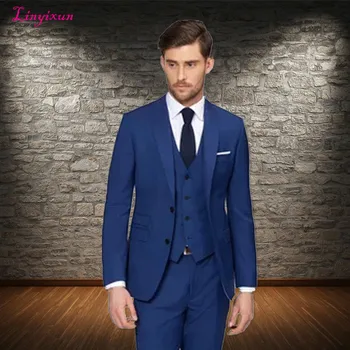 

Linyixun 2018 Men Business Suit Slim fit Classic Male Suits Blazers Formal skinny suit men for wedding deep blue Party Suit