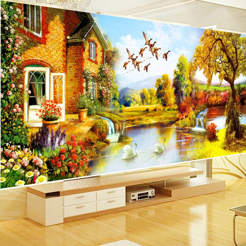 

100% Cotton Pattern Printed Embroidery Cross Stitch Autum Landscape Embroidery Needlework Kits Wall Sticker Home Decor