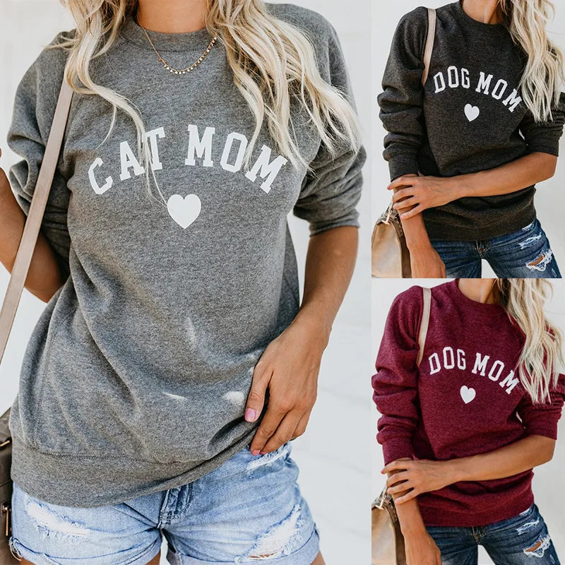 Autumn Women Long Sleeve Cat Dog Mom Printed Sweatshirt
