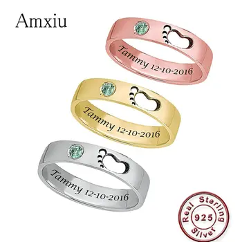 Amxiu Personalized 925 Sterling Silver Rings For Women Mother Gifts Custom Baby's Name Birthday with Birthstone Ring DIY Jewelry uny ring 925 sterling silver mother customized engrave rings family heirloom ring anniversary personalized love birthstone rings