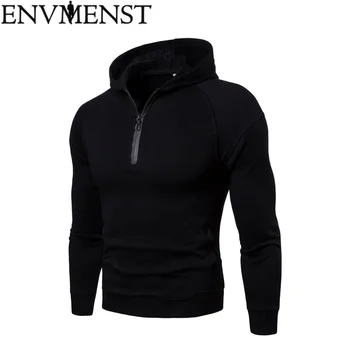 

Envmenst 2018 Spring Autumn Men Zipper Collar Plus Velvet Hoodies Patch Designs Hooded Causal Pullovers