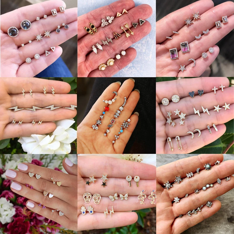 9 Pairs Bohemia Mix Design Moon Star Crystal Piercing Earrings For