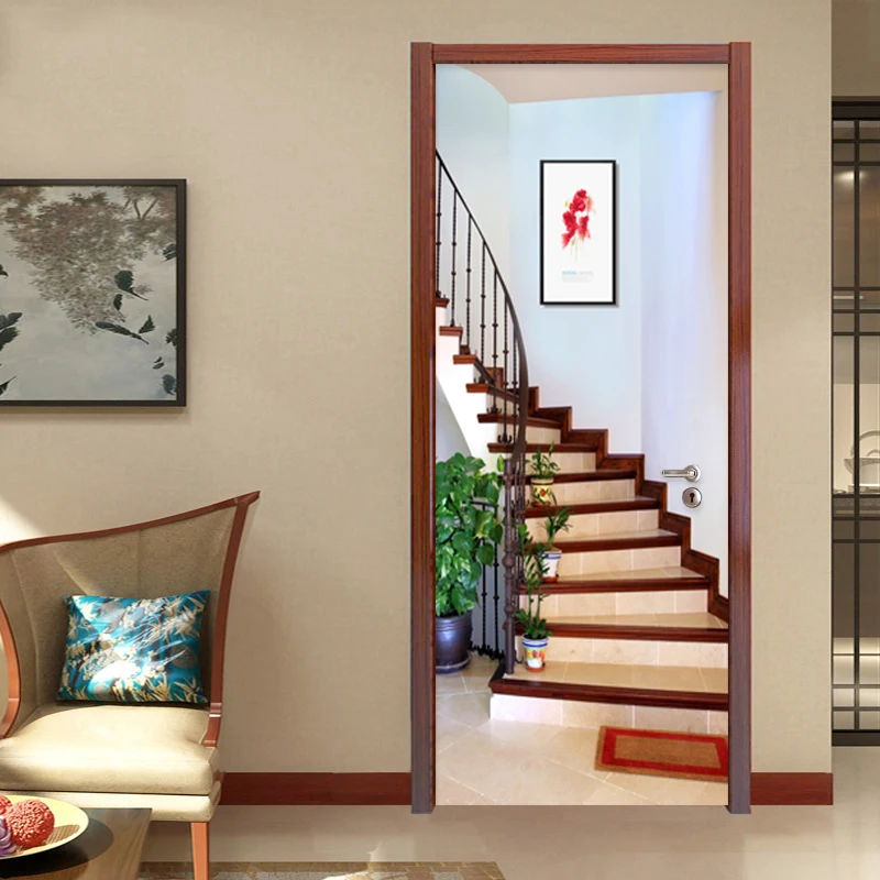 

3D Wall Door Sticker Modern Creative Spatial Expansion Stairs Wallpaper PVC Self-Adhesive Waterproof 3D Door Murals Home Decals