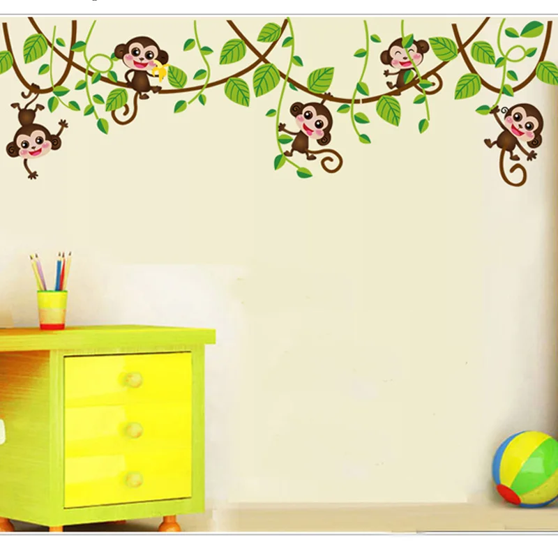 Cheap Cute mini monkeys Wall Stickers for kids room Art Decals Vinyl 3D animals plants Wallpaper 32852425254