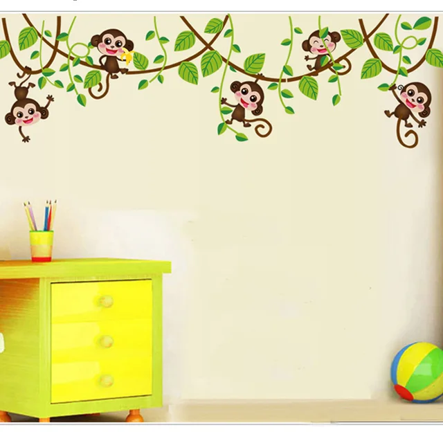 Cute mini monkeys Wall Stickers for kids room Art Decals Vinyl 3D animals plants Wallpaper sticker bedroom nursery home decor 1