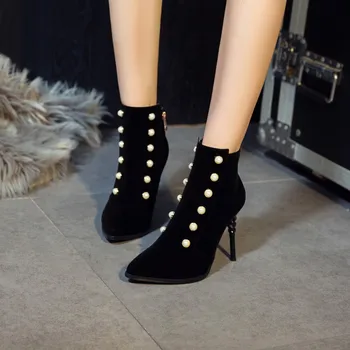 

Big Size Ma'am Fine heel Short boots Pure color Pearl decoration boot barrel High heel boots