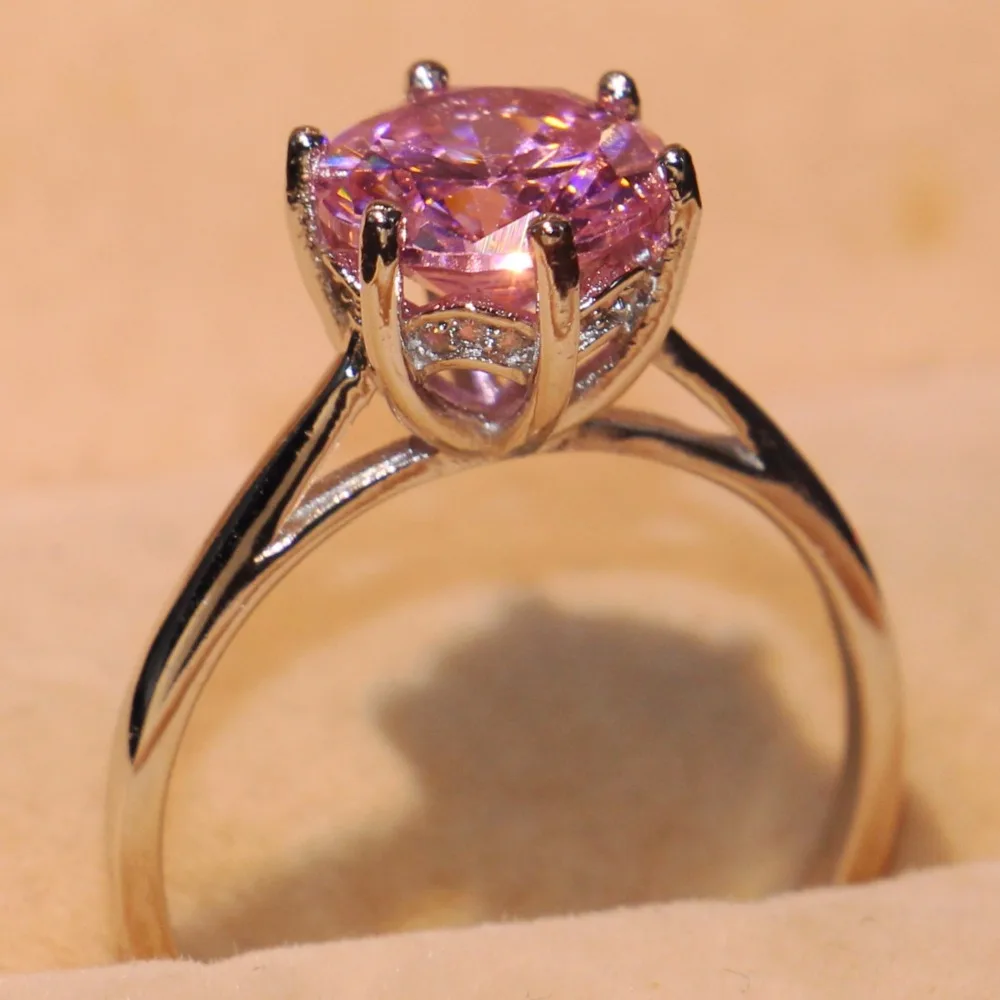 Никогда не выцветает Настоящее стерлингового серебра 925 пробы Роскошные ювелирные изделия Пасьянс круглой огранки Розовый CZ цирконий для женщин обручальное кольцо Корона подарок
