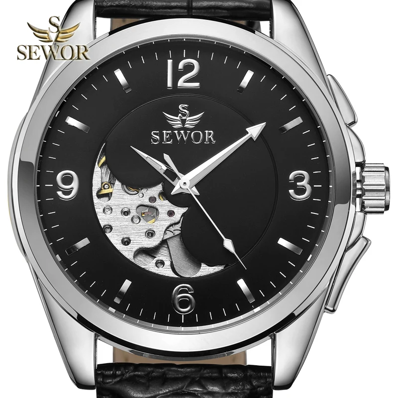 

SEWOR Mens 2019 Luxury Brand New Fashion Leather Watch Band Automatic Watch Men Sport Watch relogio masculino gift BLACK C363