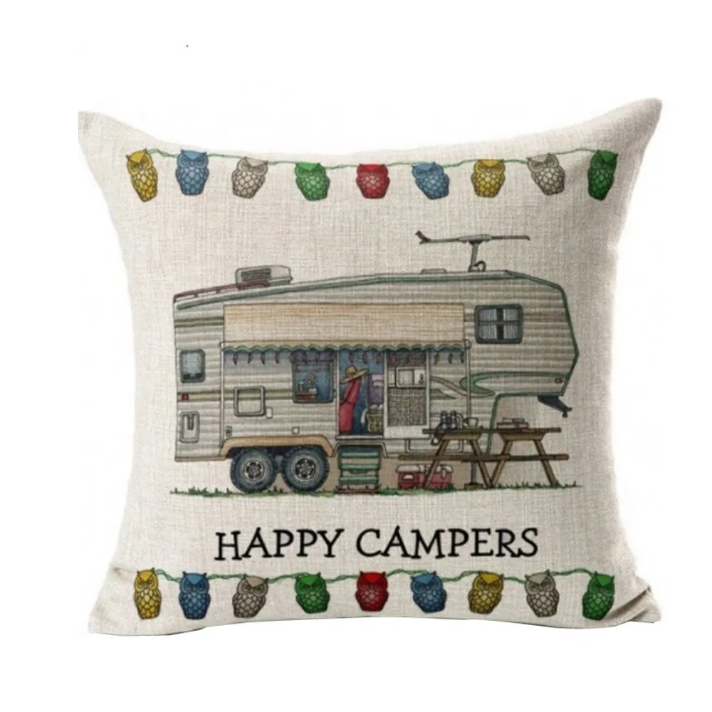 

Happy Campers Retro pattern Pillow Cover Linen blend Sofa Waist Throw Cushion Cover 45cm*45cm home party car decorative