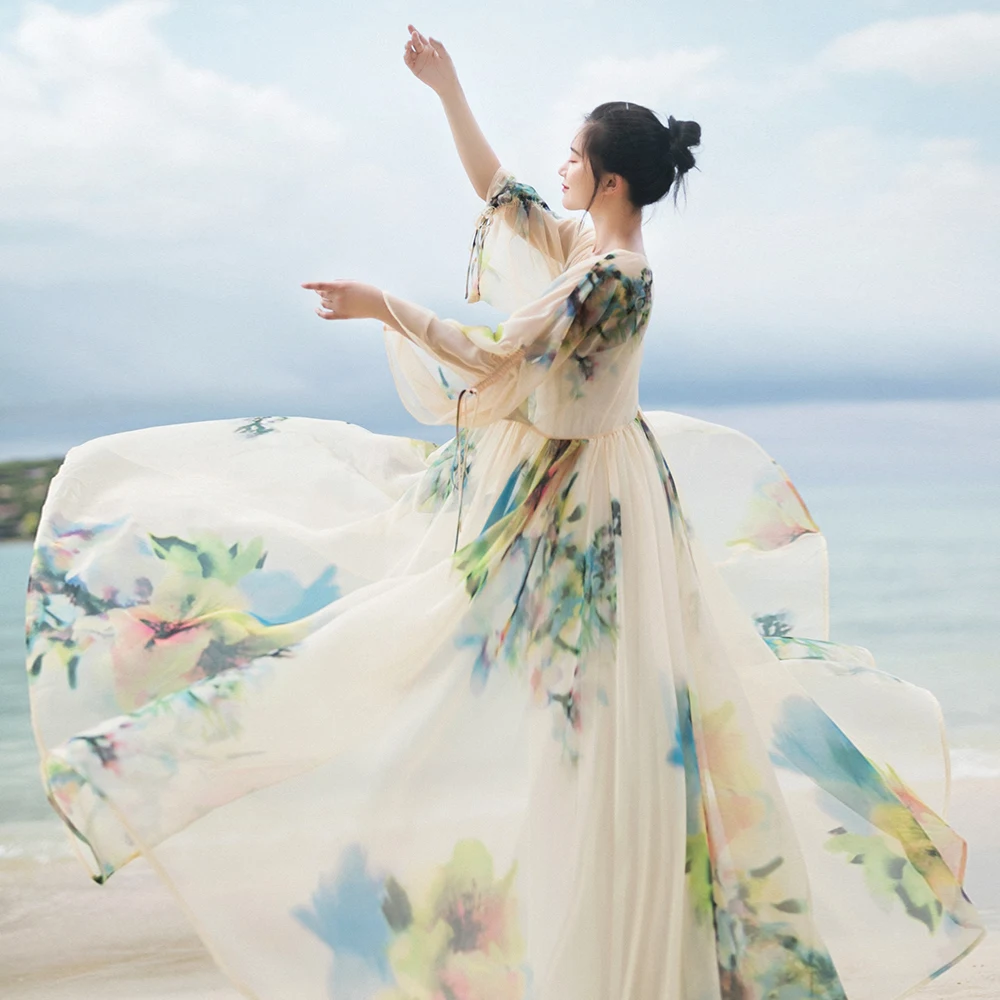 

IRINAW636 new arrival summer 2018 long vintage printed chiffon dress beach style