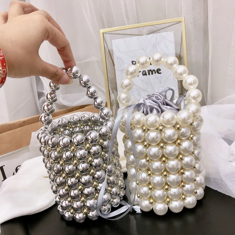 Pearl Beaded Box Tote Bag Ms. Party Elegant Handbag Summer Luxury Brand White Beaded Handmade Dinner Bag Free Shipping