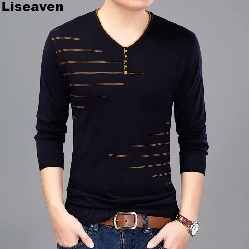 

Liseaven Men T Shirt Long Sleeve V-Neck T-Shirt Knitted tshirt Men's Fashion Slim Fit Brand New Tops & Tees