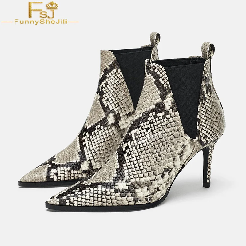 

FSJ New 2018 Grey Leopard Fashion Womens Pointed Toe Shoes Winter Autumn Chelsea Ankle Boots High Thin Heels Booties Shoes Size