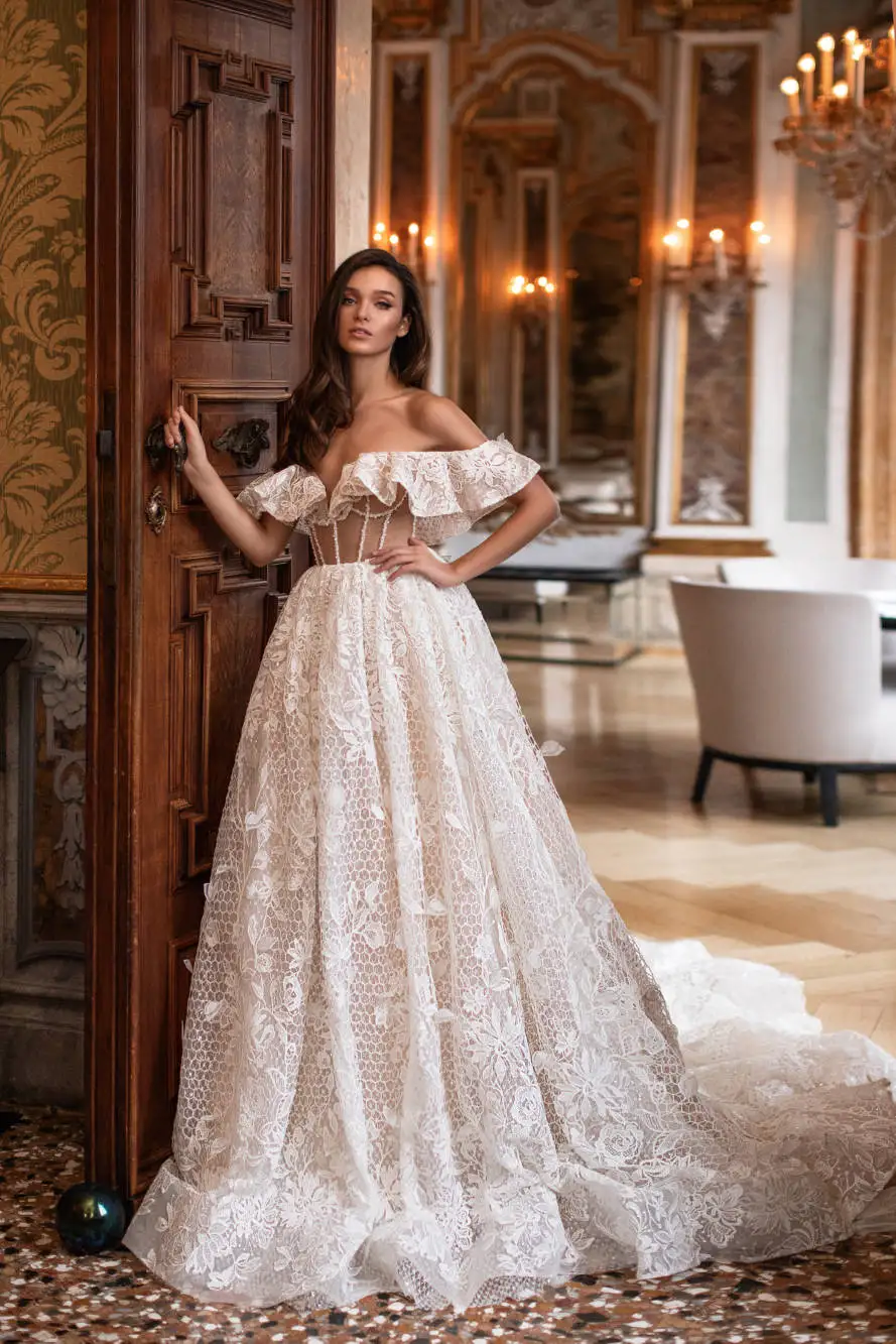 

Charming Off Shoulder Lace Wedding Dress 2019 Lace Floral Backless A Line Shiny Detail Garden Graceful Bridal Dresses