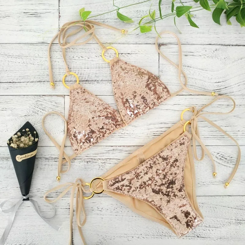 Discount This Month 2017 New Sexy Bikinis Sequins Golden Color Women