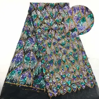

African Green Gold Line Sequins Tulle Lace Fabric 2019 Latest French Lace Fabric High Quality Guipure Nigerian Embroidery Lace