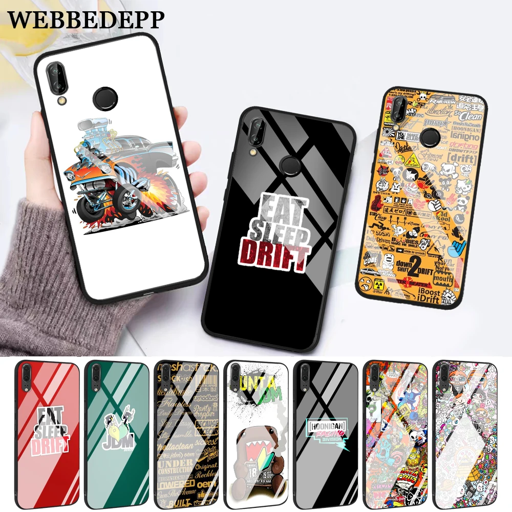 

WEBBEDEPP Sticker Bomb eat sleep JDM Glass Case for Huawei P10 lite P20 Pro P30 P Smart honor 7A 8X 9 10 Y6 Mate 20