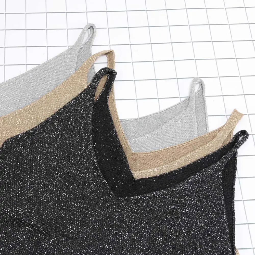 

Women Sexy Knitted Tank Tops Gold Thread V Neck Sleeveless Vest Summer Camisole Ladies Slim Strap Short Tops
