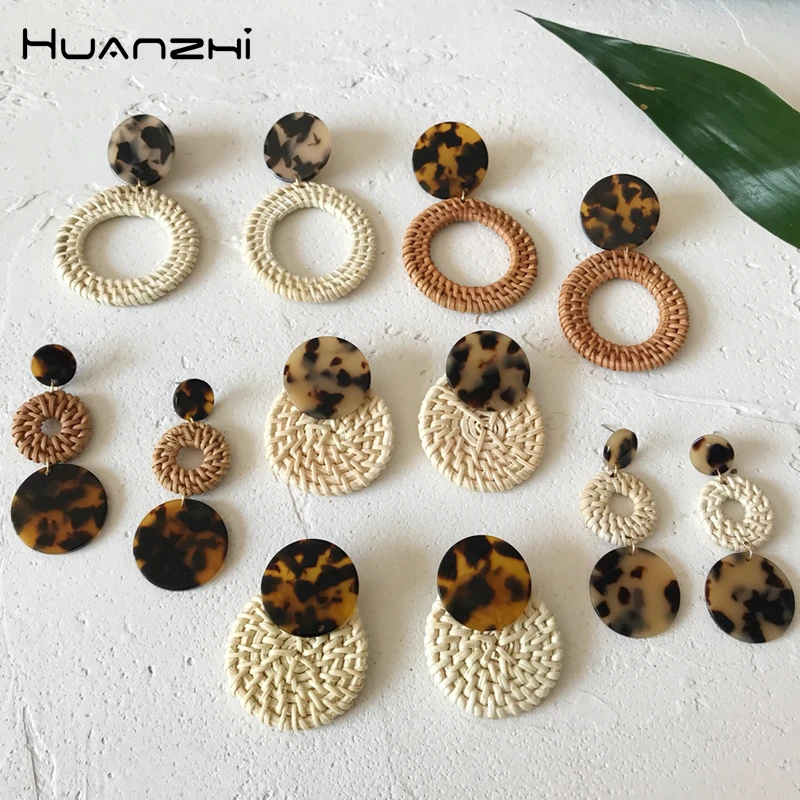 

HUANZHI 2019 New Summer Romantic Resin Rattan Weaving Leopard Geometric Circle Colorful Metal Drop Earrings for Woman Gifts
