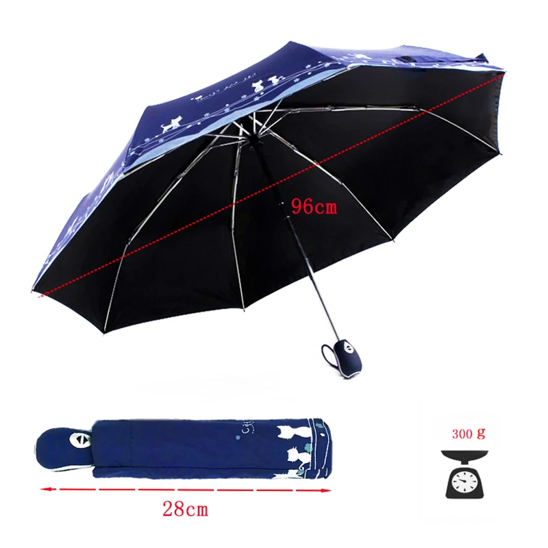 LIKE RAIN Cat Umbrella Automatic Umbrella Rain Women Three-Folding Black Coating Parasol Beach Umbrellas UBY29