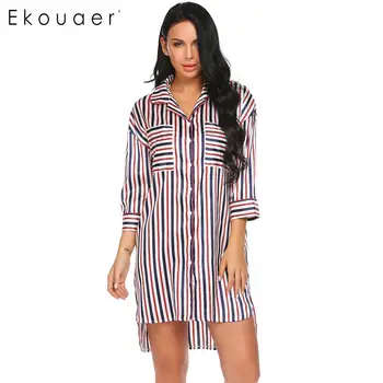 

Ekouaer Women Nightgown Stripe Satin Boyfriend Style Sleepwear Fashion Night Dress With Sleeping Eye Mask Female Home Cltothing