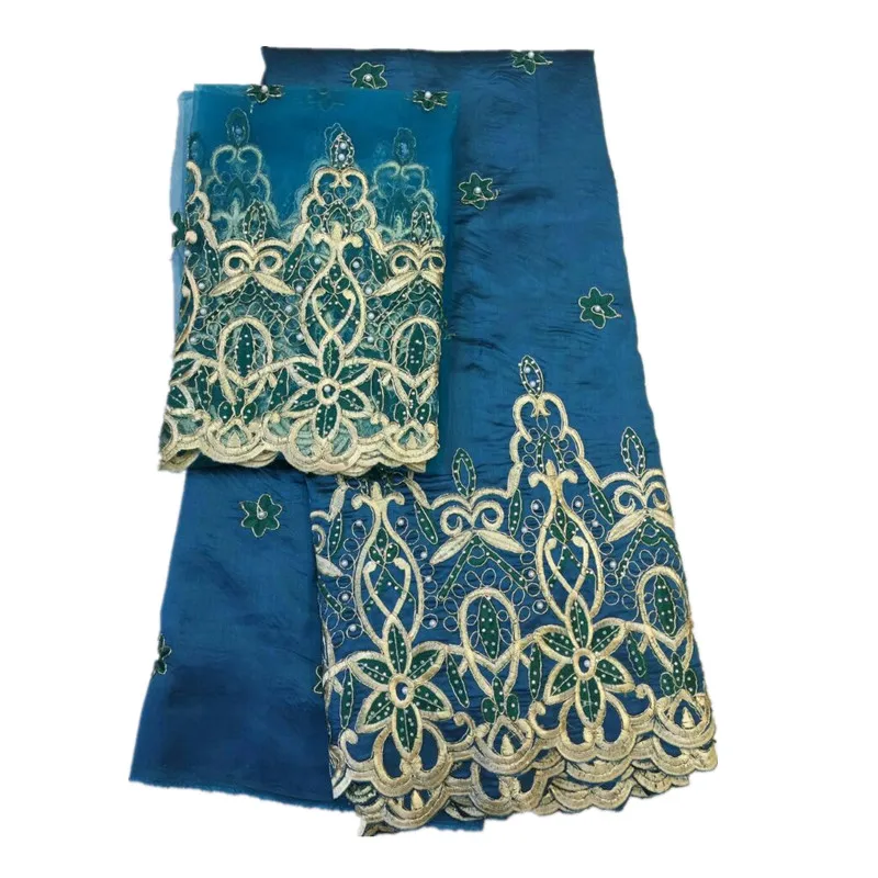

African Embroidery Georgette Raw Silk Fabrics with Bead and Stone for clothes