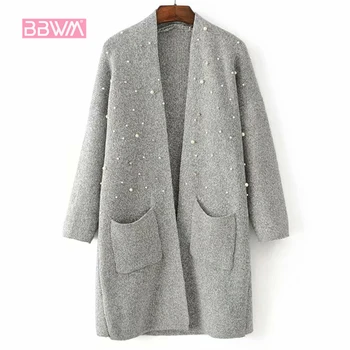 

Warm knit 2018 winter new literary retro slimming pearl beaded long loose loose long-sleeved sweater cardigan coat female