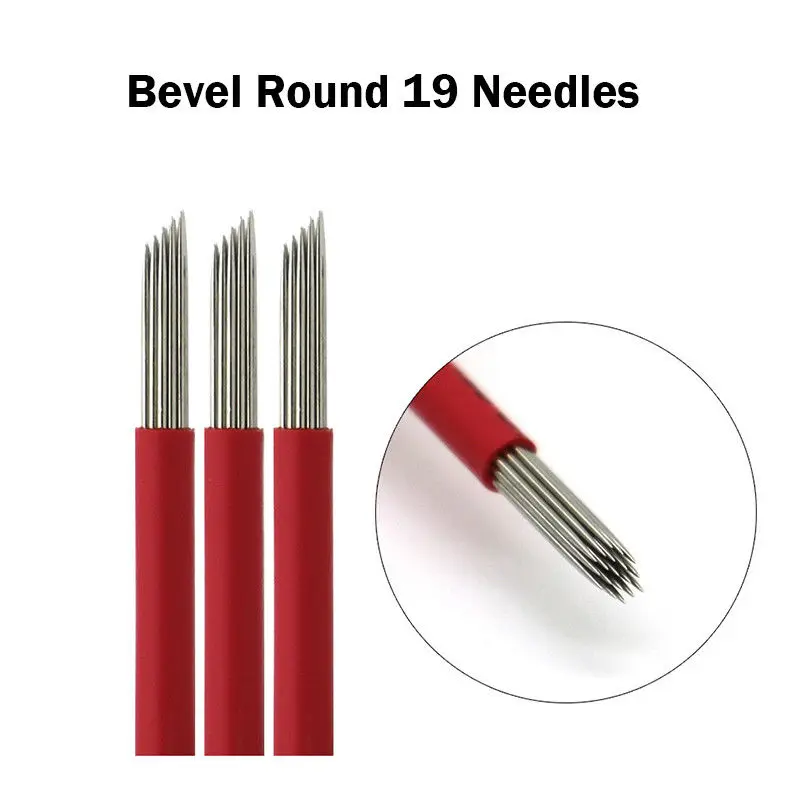 

50 Pcs Permanent Makeup Eyebrow Tattoo 19 Pins Bevel Round Needles Microblading Needle 3D Fog Eyebrow Embroidery R19 Needle Red