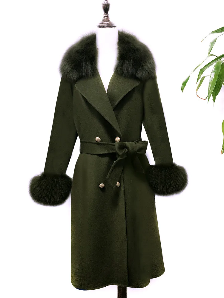 Осенне-зимнее пальто из чистой шерсти Повседневный Кардиган с воротником из лисьего меха ручная работа кашемировая Двусторонняя куртка элегантный дизайн - Цвет: army green
