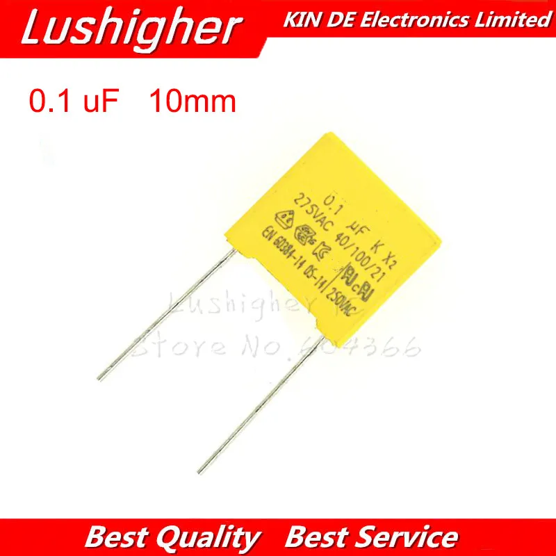

10pcs 275VAC 100nF 0.1uf X2 Pitch 10mm 275V Polypropylene Film Capacitor