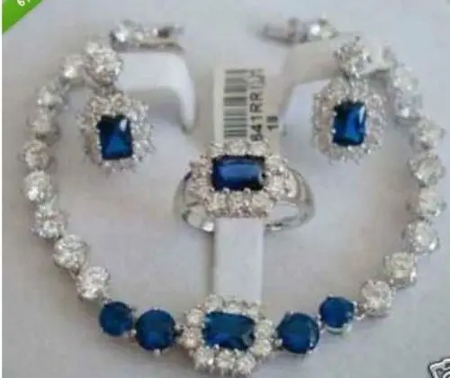 natural Jewellery Women Set Blue Stone Sapphire bracelet earring ring Quartz Fine 18K Plated gold Bridal wide watch wings queen