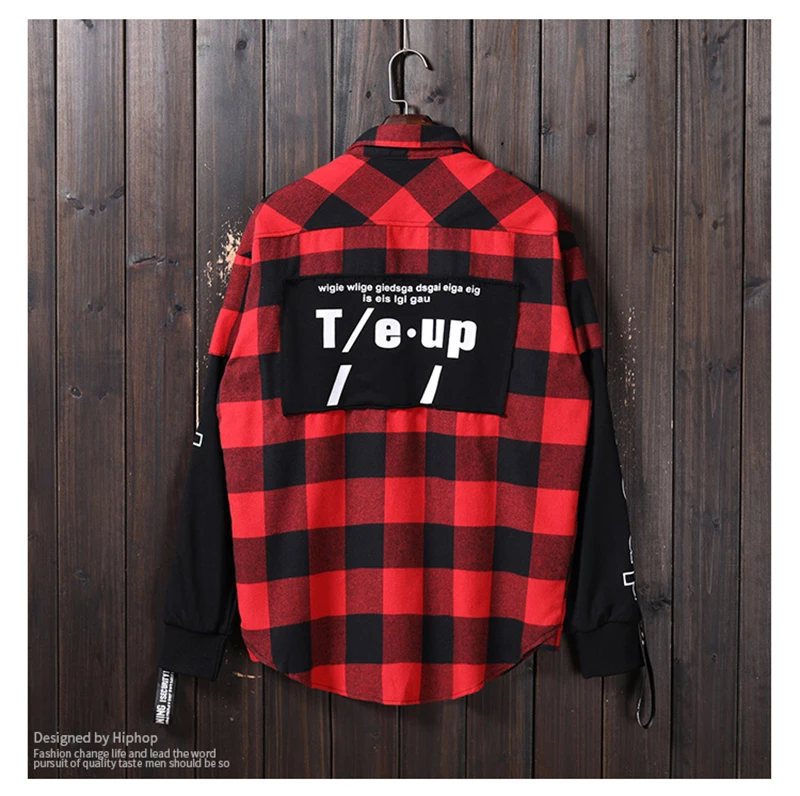 Red And Black Plaid Patchwork Shirt Men  (15)