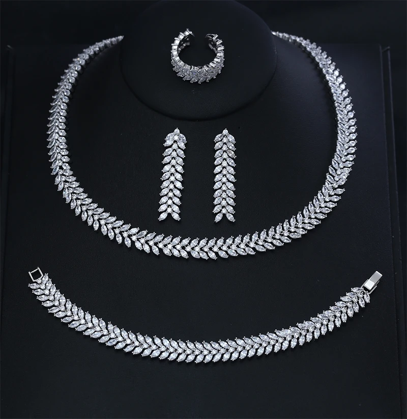 

Luxury White Gold-Color Elegant Shape Bridal Cubic Zircon 4pcs Big Wedding Jewelry Sets For Brides