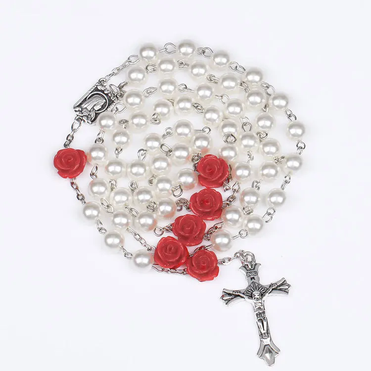 

8mm White Imitation Pearl Bead Holy Rosaries Necklace With Rose Flower Catholic Rosary Quality Bead Cross Necklace
