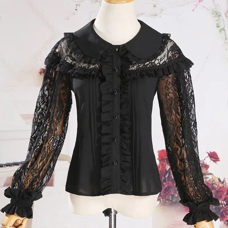

Adult Women Summer Casual Full Lace Sleeves Blouse Gothic Hollow Ruched Stitched Work Top Shirt Lolita Costume For Ladies