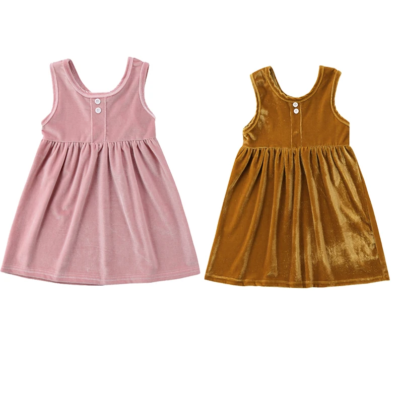 2018 Summer Toddler Baby Girls Dress Sleeveless Solid Color Velvet