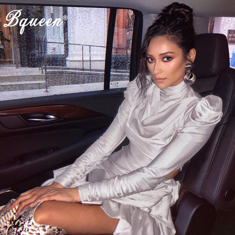 

Bqueen New Women White Sheath Dress Sexy Long Sleeve Ruffles Mini Dress Stand Neck Fashion Bodycon Party Dress