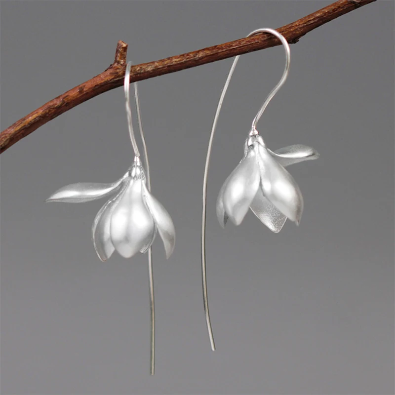 Lotus Fun Real 925 Sterling Silver Handmade Designer Fine Jewelry Elegant Magnolia Flower Dangle Earrings for Women Brincos