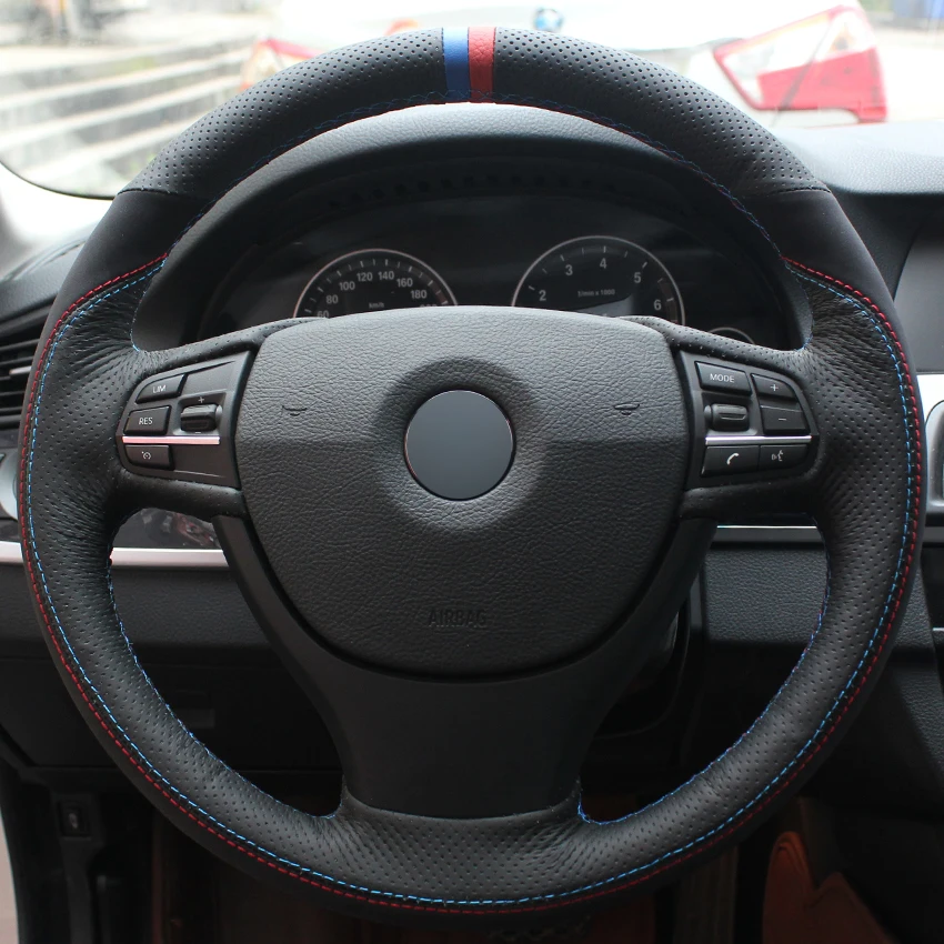 cheap Hand sewing custom Black Leather Black Suede Blue Red Marker Car Steering Wheel Cover for BMW F10 523Li 525Li 2009