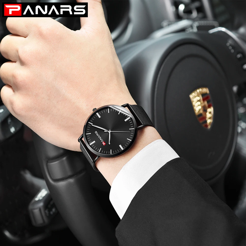 Часы мужские водонепроницаемые с тонким сетчатым ремешком кварцевые