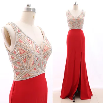 

MACloth Red A-Line V Neck Floor-Length Long Crystal Jersey Prom Dresses Dress S 266167 Clearance