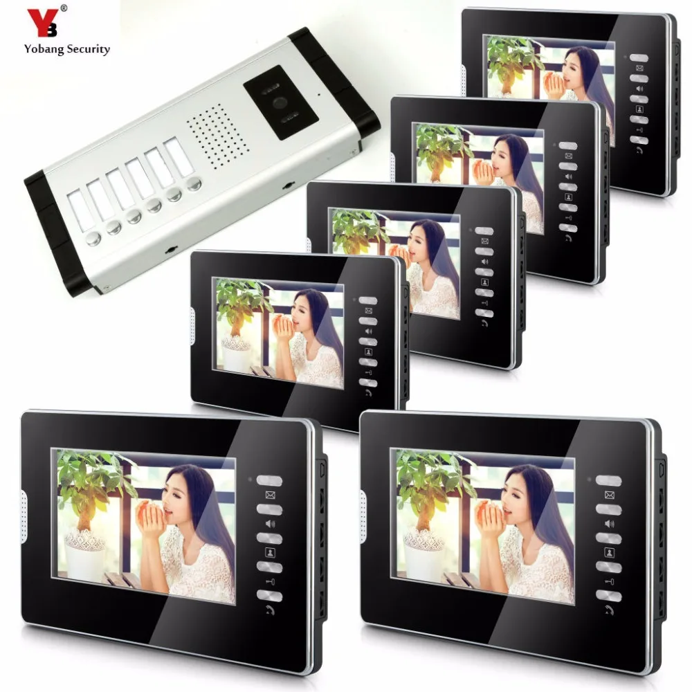 Yobang Security Apartment Intercom Entry 6 Monitor Wired 7\ Color button Video Door Phone intercom System for 6 house