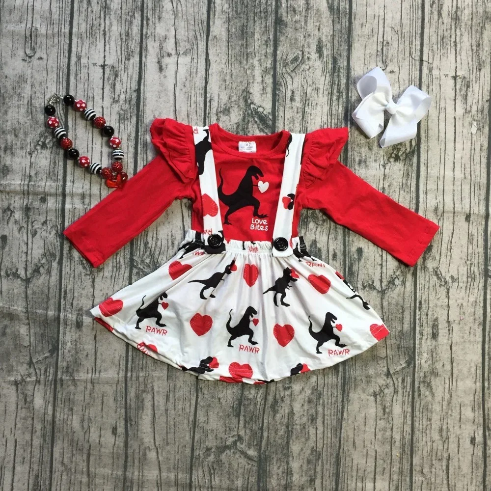 

girls Spring baby girls Valentine's day clothes children red top with suspender skirts sets outfits kids wear with accessories
