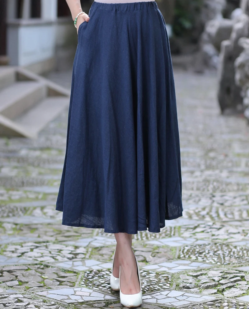 Темно-синие женские хлопок белье юбка китайский Для женщин длинные плиссированные юбки новые летние Повседневное расклешенные юбки